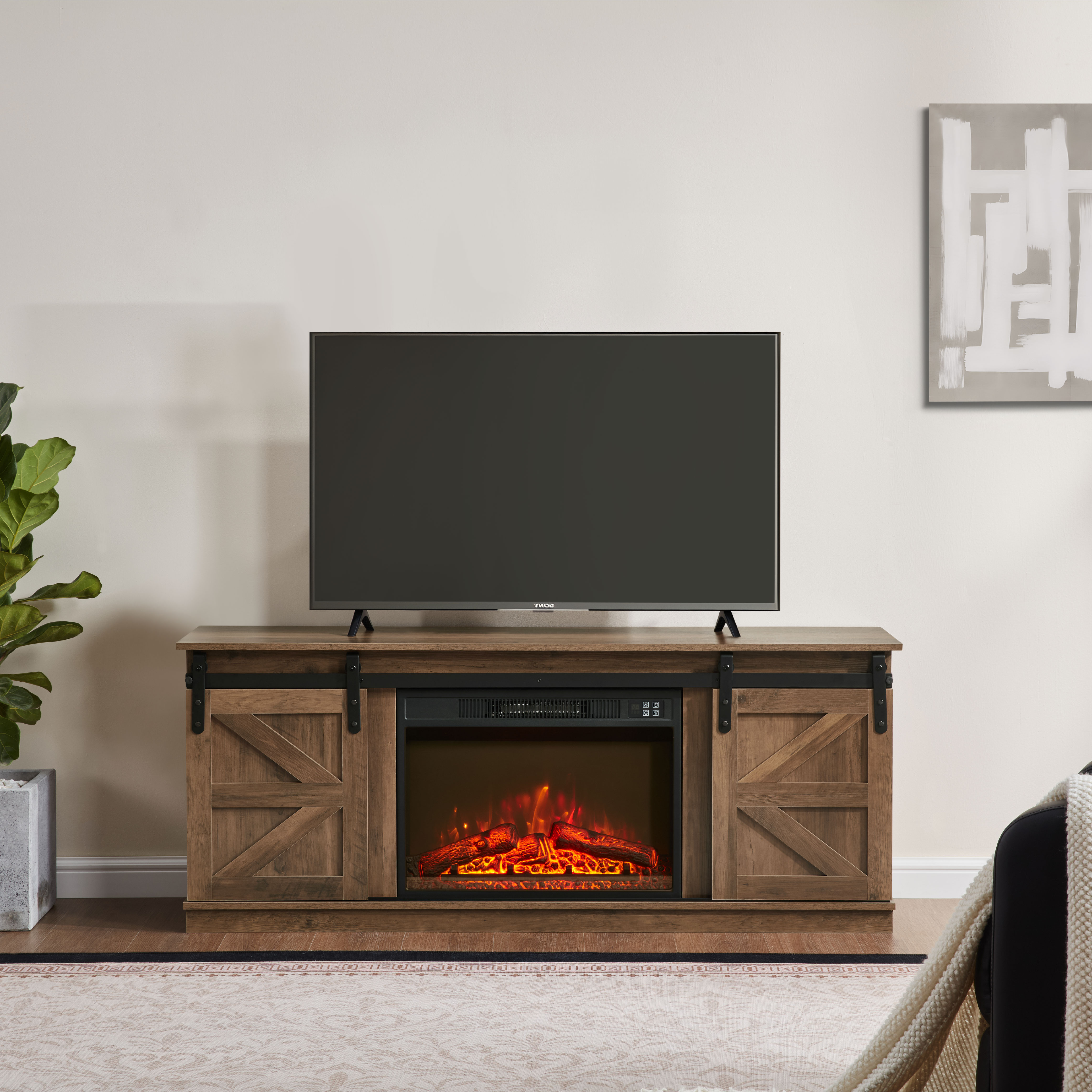 Fireplace TV Stand For Television Up To 65 Inch With Storage And Farmhouse Sliding Barn Doors, Entertainment Center With Cabinet And Shelves,Natural Brown_voghion.com
